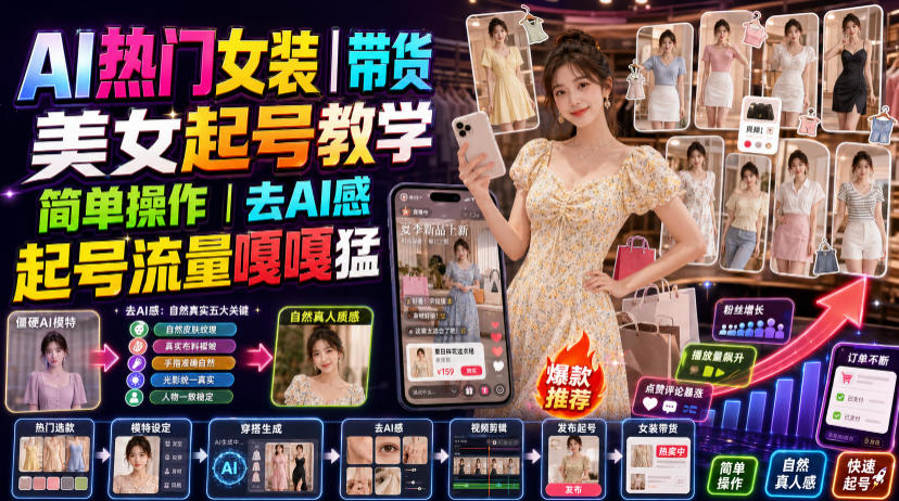 AI热门女装带货丨美女起号教学,简单操作,去AI感,起号流量嘎嘎猛|副业联盟