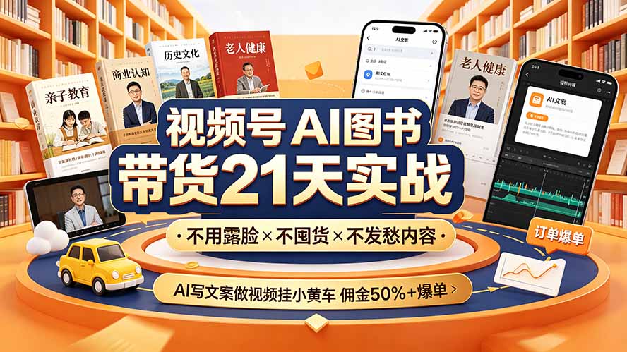 视频号AI图书带货21天实战:不用露脸×不囤货×不发愁内容,AI写文案做视频挂小黄车,佣金50%+爆单|副业联盟