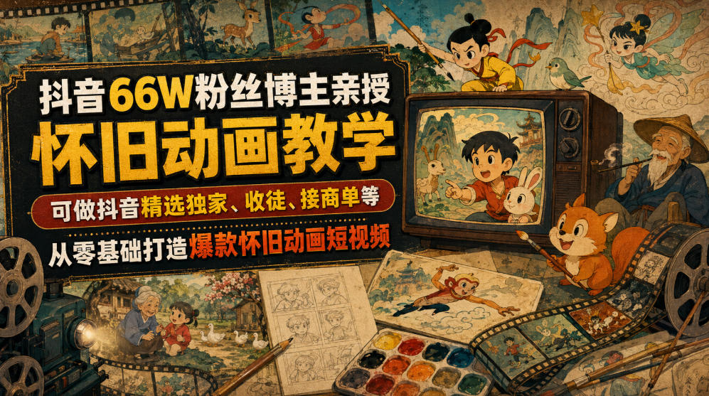 抖音66W粉丝博主亲授怀旧动画教学,可做抖音精选独家、收徒、接商单等,从零基础打造爆款怀旧动画短视频|副业联盟