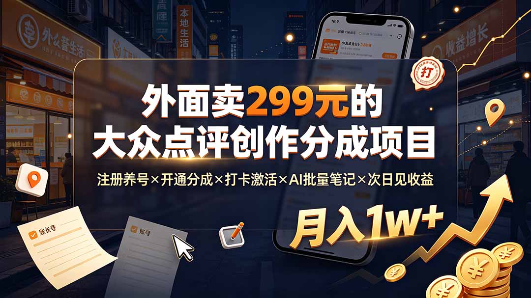 外面卖299元的大众点评创作分成项目:注册养号×开通分成×打卡激活×AI批量笔记×次日见收益,月入1w+|副业联盟