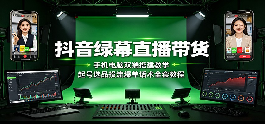 抖音绿幕直播带货:手机电脑双端搭建教学,起号选品投流爆单话术全套教程|副业联盟