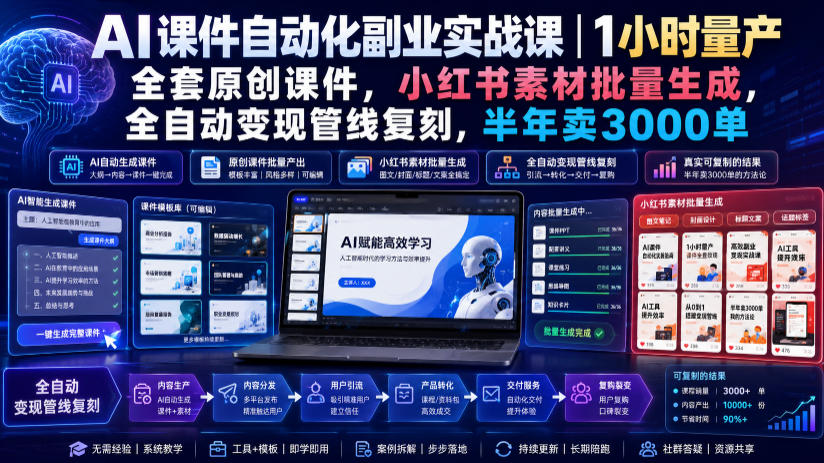 AI课件自动化副业实战课|1小时量产全套原创课件,小红书素材批量生成,全自动变现管线复刻,半年卖3000单|副业联盟