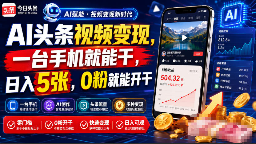 AI头条视频变现,一台手机就能干,日入5张,0粉就能开干|副业联盟