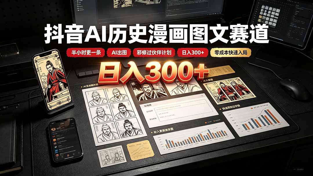抖音AI历史漫画图文赛道:半小时更一条×AI出图×邪修过伙伴计划×日入300+,零成本快速入局|副业联盟