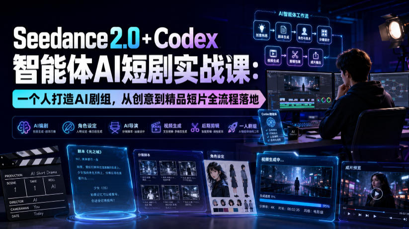 Seedance2.0+Codex智能体AI短剧实战课:一个人打造AI剧组,从创意到精品短片全流程|副业联盟