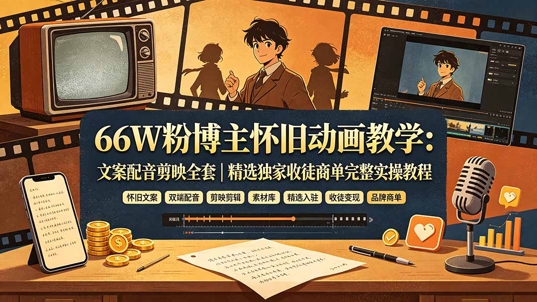 66W粉博主怀旧动画教学:文案配音剪映全套|精选独家收徒商单完整实操教程|副业联盟
