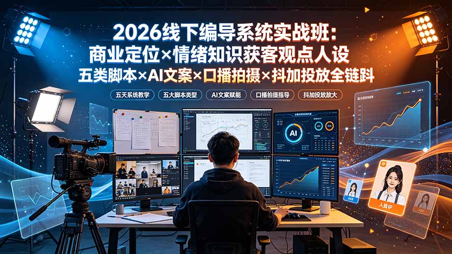 2026线下编导系统实战班:商业定位×情绪知识获客观点人设五类脚本×AI文案×口播拍摄×抖加投放全链路|副业联盟