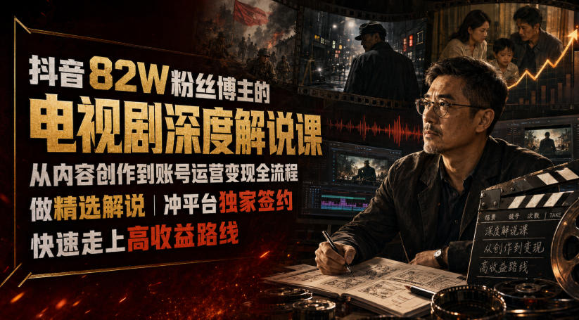 抖音82W粉丝博主的电视剧深度解说课，从内容创作到账号运营变现全流程，做精选解说，冲平台独家签约，快速走上高收益路线|副业联盟