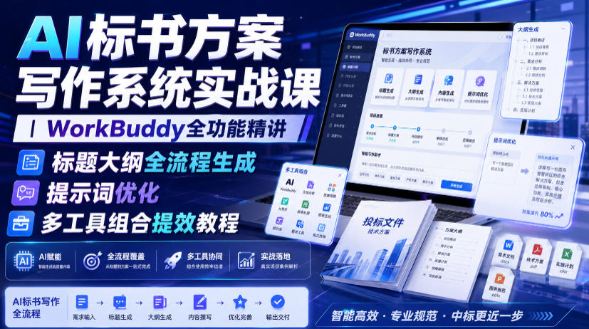 AI标书方案写作系统实战课|WorkBuddy全功能精讲・标题大纲全流程生成・提示词优化・多工具组合提效教程|副业联盟