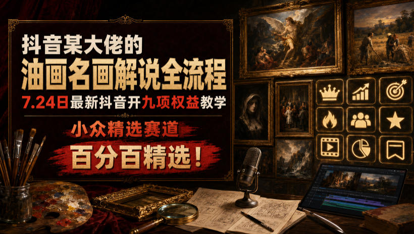 抖音某大佬的油画名画解说全流程,7.24日最新抖音开九项权益教学,小众精选赛道,百分百精选!|副业联盟
