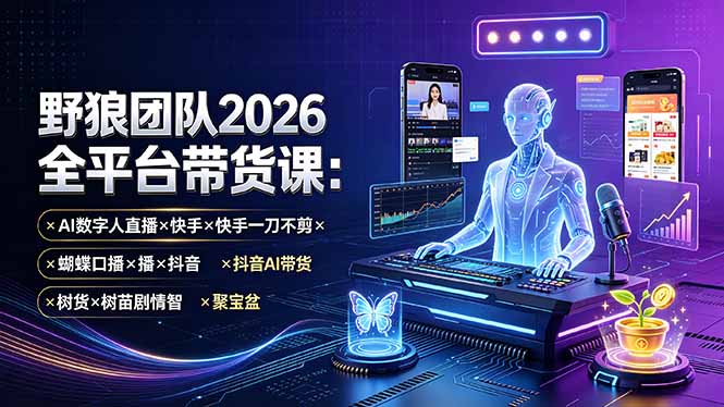 野狼团队2026全平台带货课-7月：AI数字人直播×快手一刀不剪×蝴蝶口播×抖音AI带货×树苗剧情智剪×聚宝盆|副业联盟