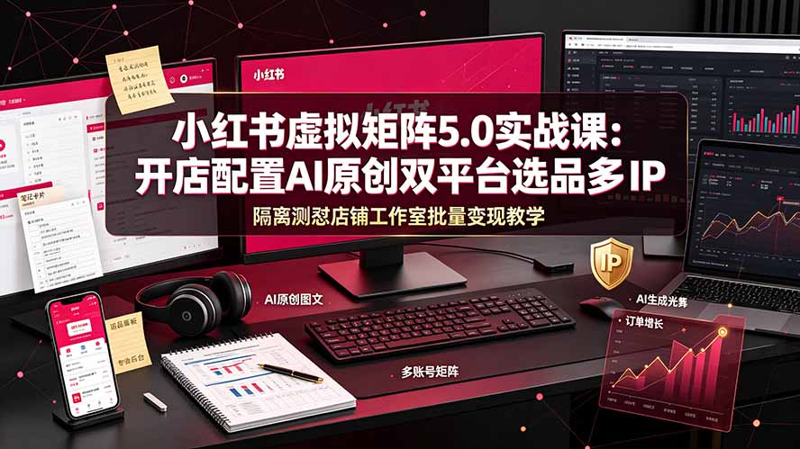 小红书虚拟矩阵5.0实战课:开店配置|AI原创|双平台选品|多IP隔离|测怼店铺工作室批量变现实操教学|副业联盟