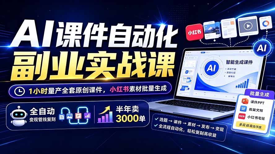 AI课件自动化副业实战课:1小时量产全套原创课件×小红书素材批量生成×全自动变现管线×半年卖3000单|副业联盟