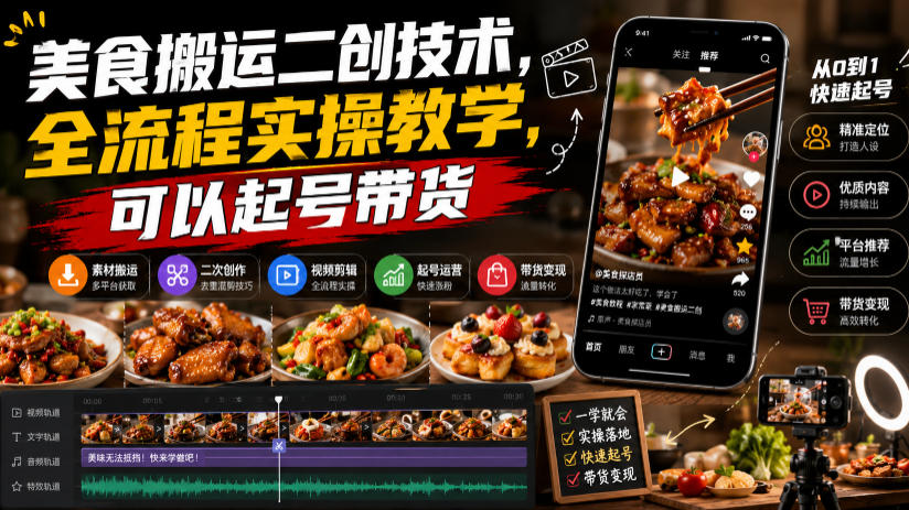 美食搬运二创技术，全流程实操教学，可以起号带货|副业联盟
