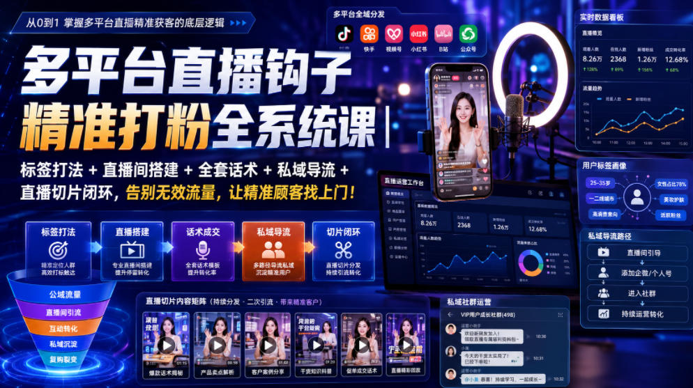多平台直播钩子精准打粉全系统课｜标签打法+直播间搭建+全套话术+私域导流+直播切片闭环，告别无效流量，让精准顾客找上门！|副业联盟
