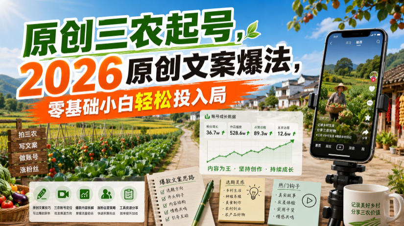 原创三农起号，2026原创文案爆法，零基础小白轻松投入局|副业联盟