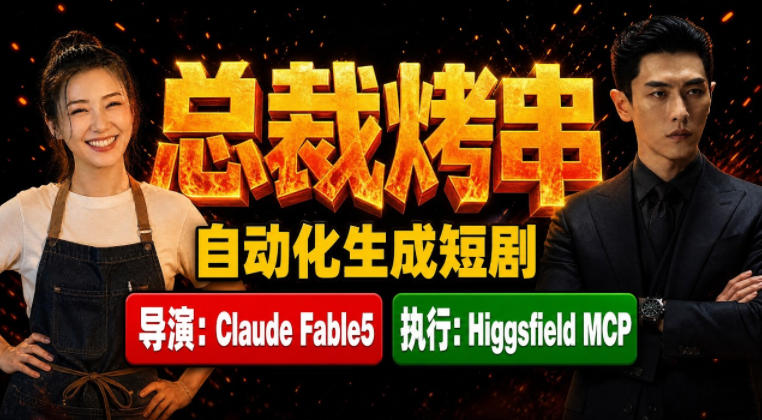 Claude Fable5担任导演+Higgsfield MCP落地执行｜《总裁烤串》真人质感短剧全自动AI生成全流程教学|副业联盟