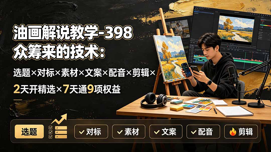 油画解说教学-398众筹来的技术:选题×对标×素材×文案×配音×剪辑×2天开精选×7天通9项权益|副业联盟