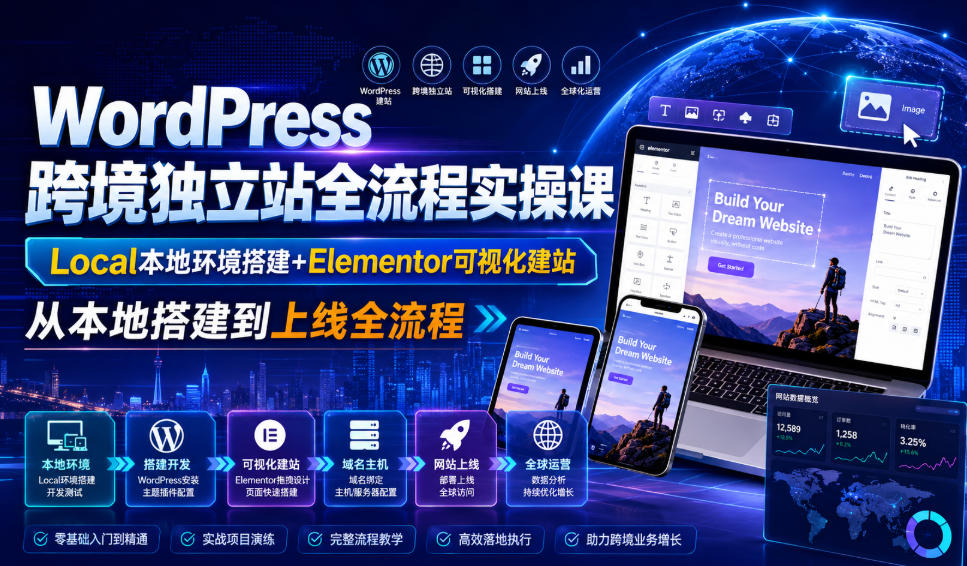 WordPress跨境独立站全流程实操课｜Local本地环境搭建+Elementor可视化建站，从本地搭建到上线全流程|副业联盟