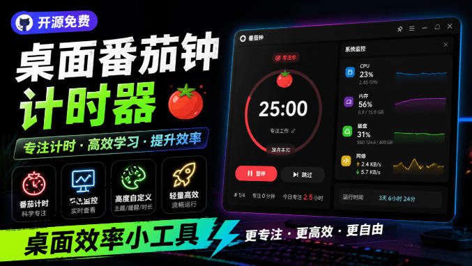 仅1.16MB，开源极简的桌面时钟、番茄钟计时器，还支持系统监控显示，桌面效率小工具Catime|副业联盟