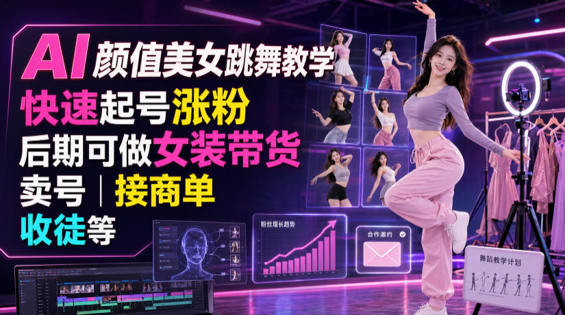AI颜值美女跳舞教学，快速起号涨粉，后期可做女装带货，卖号，接商单，收徒等|副业联盟
