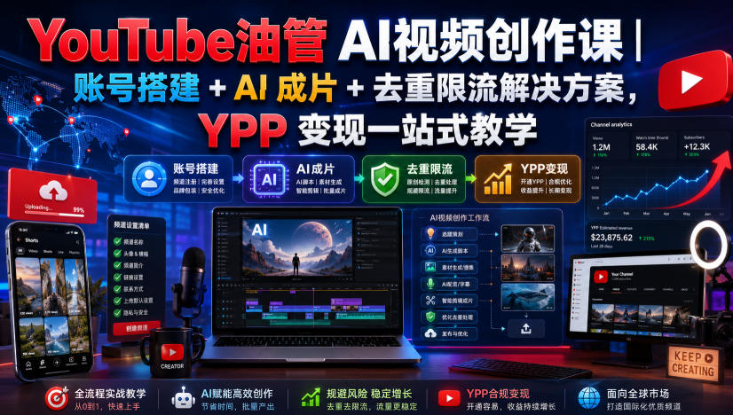 YouTube油管AI视频创作课｜账号搭建+AI成片+去重限流解决方案，YPP变现一站式教学(更新0809) - 副业联盟|副业联盟