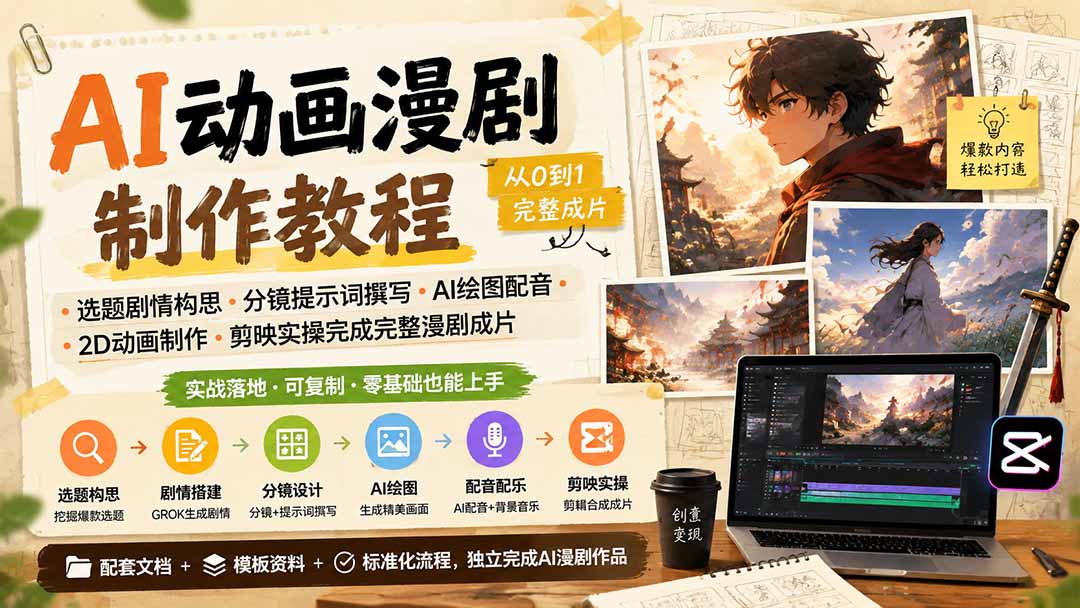 AI动画漫剧制作教程｜选题剧情构思·分镜提示词撰写·AI绘图配音·2D动画制作·剪映实操完成完整漫剧成片 - 副业联盟|副业联盟