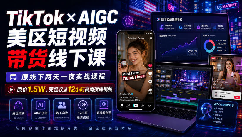 TikTok×AIGC美区短视频带货线下课，原线下两天一夜实战课程，原价1.5W，完整收录12小时高清授课视频|副业联盟