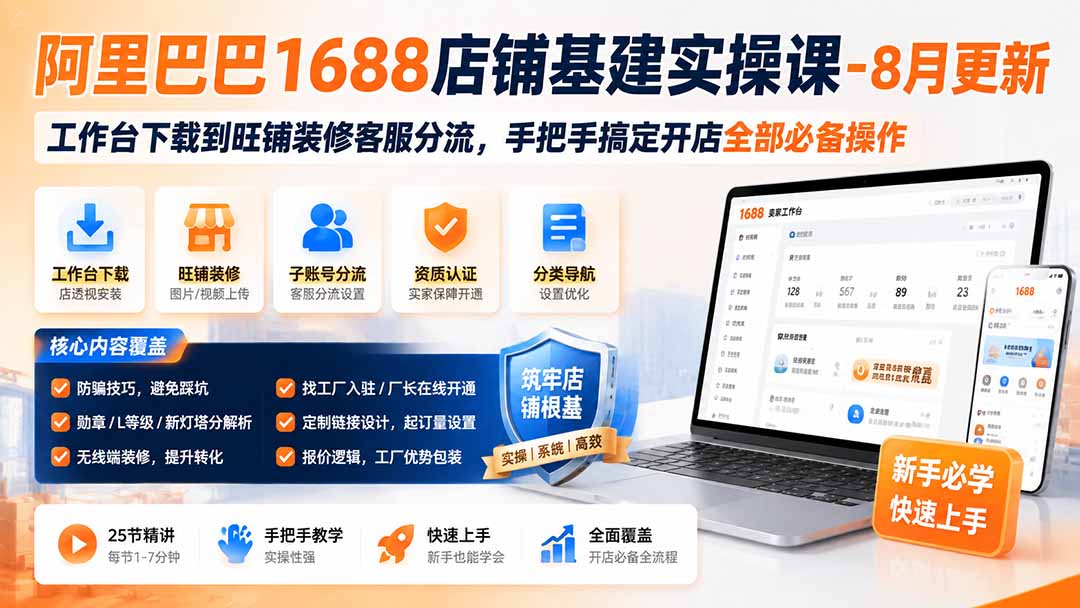 阿里巴巴1688店铺基建实操课-8月更新;工作台下载到旺铺装修客服分流,手把手搞定开店全部必备操作|副业联盟