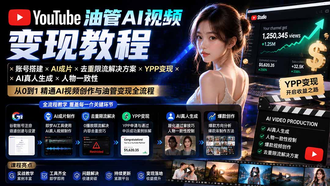 YouTube油管AI视频变现教程-更新:账号搭建×AI成片×去重限流解决方案×YPP变现×AI真人生成×人物一致性|副业联盟