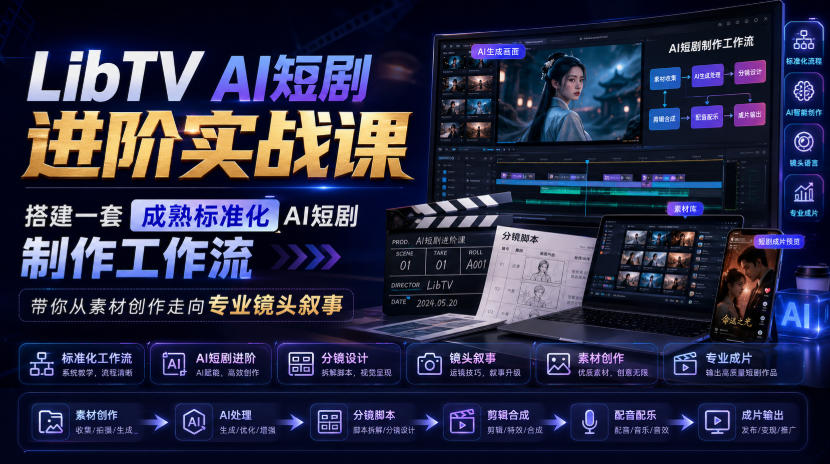 LibTV AI短剧进阶实战课，搭建一套成熟标准化AI短剧制作工作流，带你从素材创作走向专业镜头叙事 - 副业联盟|副业联盟