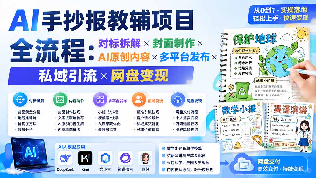 AI手抄报教辅项目全流程:对标拆解×封面制作×AI原创内容×多平台发布×私域引流×网盘变现|副业联盟