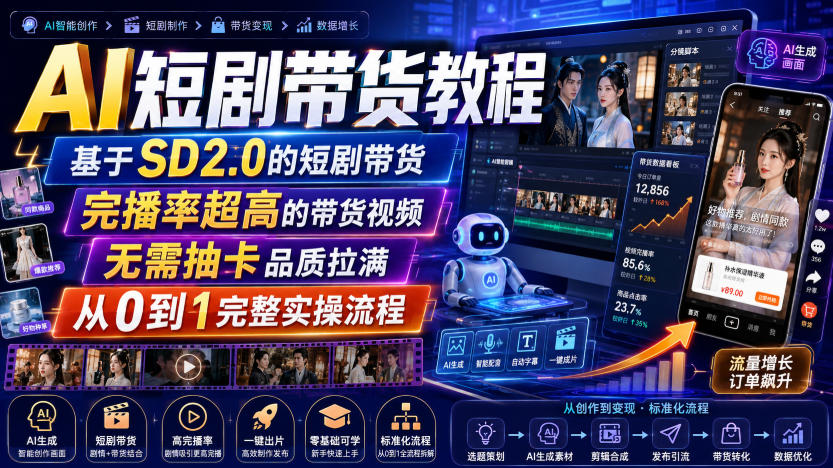 AI短剧带货教程,基于SD2.0的短剧带货,完播率超高的带货视频,无需抽卡品质拉满,从0到1完整实操流程|副业联盟