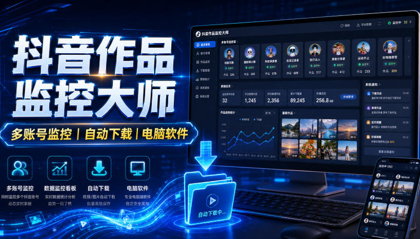 抖音作品监控大师,多账号监控丨自动下载丨电脑软件|副业联盟
