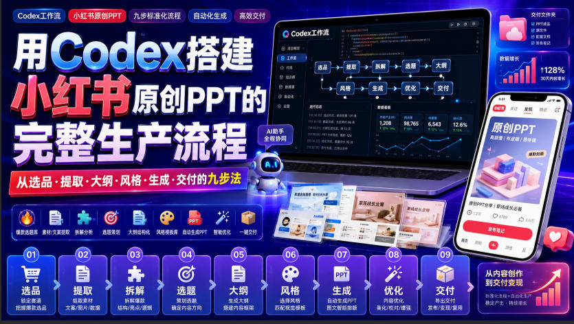 用Codex搭建小红书原创PPT的完整生产流程,从选品·提取·大纲·风格·生成·交付的九步法|副业联盟