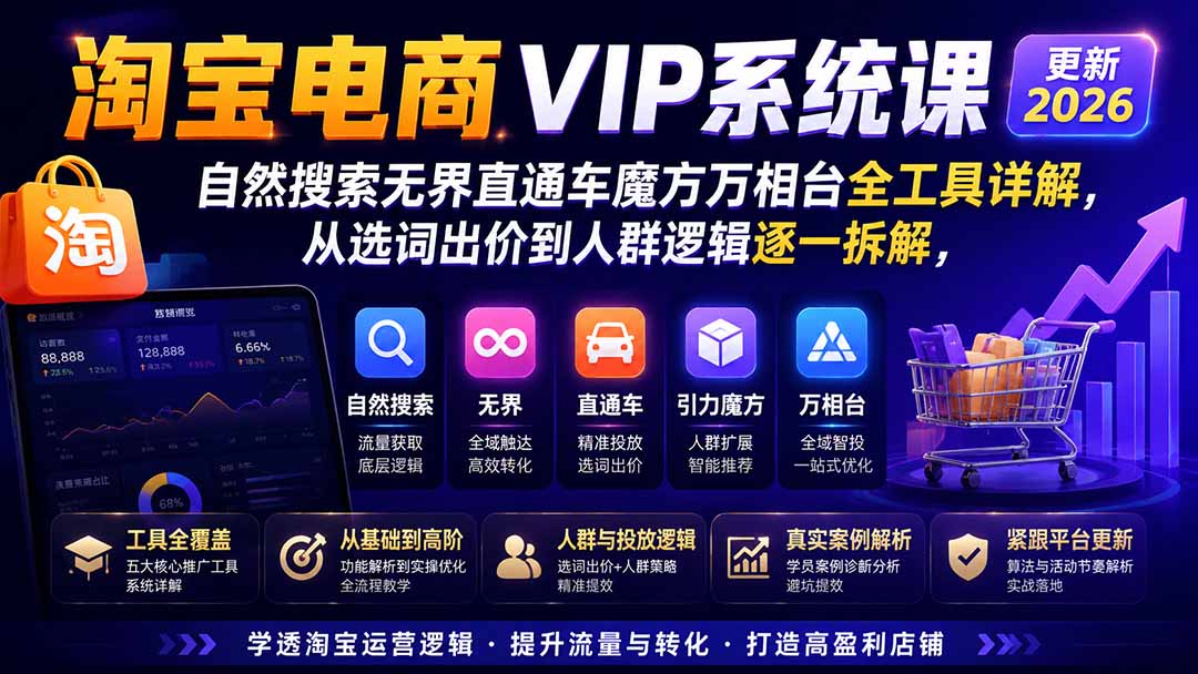 淘宝电商VIP系统课-更新8月;自然搜索无界直通车魔方万相台全工具详解,从选词出价到人群逻辑逐一拆解|副业联盟