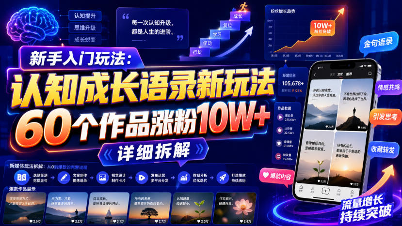 新手入门玩法:认知成长语录新玩法,60个作品涨粉10W+,详细拆解|副业联盟