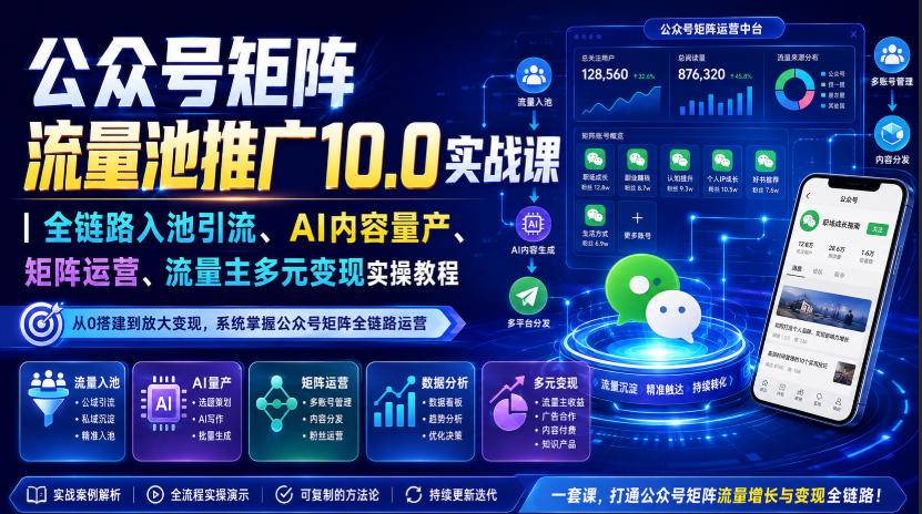 公众号矩阵流量池推广10.0实战课|全链路入池引流、AI内容量产、矩阵运营、流量主多元变现实操教程|副业联盟