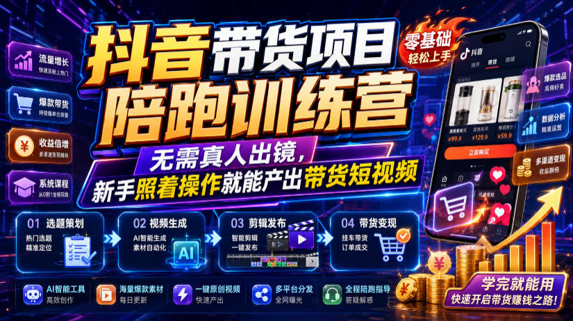 抖音带货项目陪跑训练营,无需真人出镜,新手照着操作就能产出带货短视频(更新0811)|副业联盟