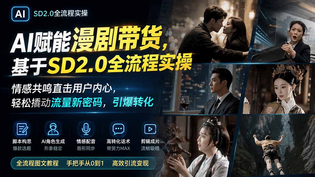 AI赋能漫剧带货,基于SD2.0全流程实操;情感共鸣直击用户内心,轻松撬动流量新密码,引爆转化|副业联盟