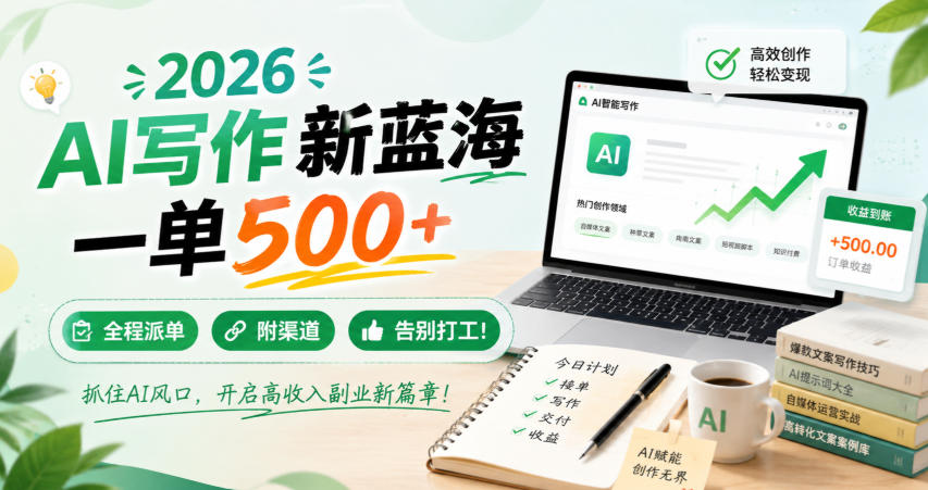 2026 AI写作新蓝海，一单500+，全程派单，附渠道，告别打工！【揭秘】|副业联盟