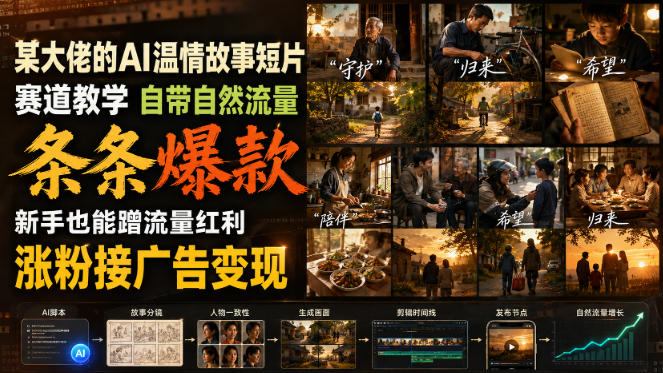 某大佬的AI温情故事短片赛道教学,自带自然流量,条条爆款,新手也能蹭流量红利,涨粉接广告变现|副业联盟