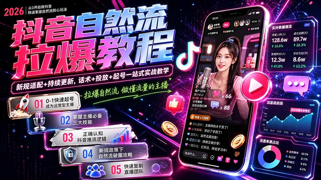 抖音自然流拉爆教程-更新8月:做懂流量的主播,新规适配+持续更新,话术+投放+起号一站式实战教学|副业联盟