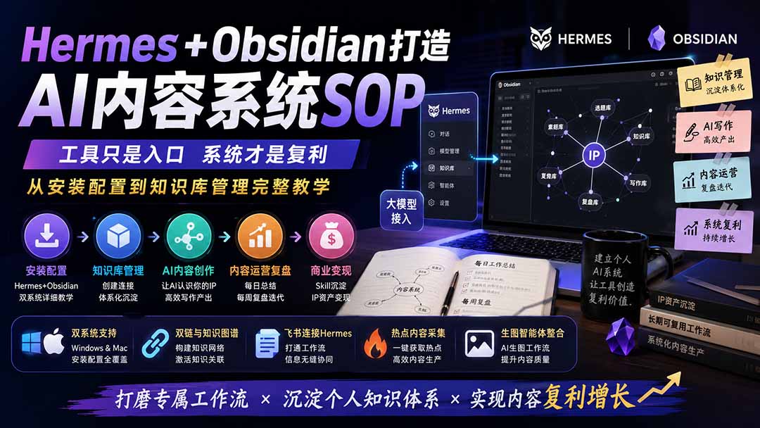 Hermes+Obsidian打造AI内容系统SOP;工具只是入口系统才是复利,从安装配置到知识库管理完整教学|副业联盟