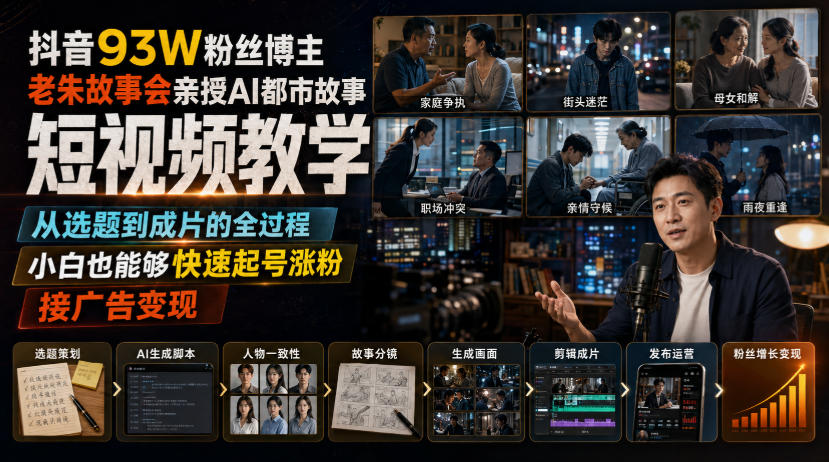 抖音93W粉丝博主老朱故事会亲授AI都市故事短视频教学,从选题到成片的全过程,小白也能够快速起号涨粉接广告变现|副业联盟
