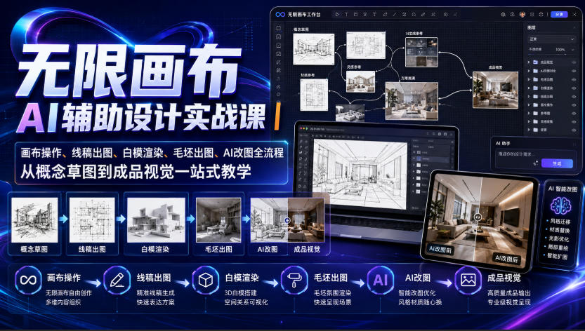 无限画布AI辅助设计实战课|画布操作、线稿出图、白模渲染、毛坯出图、AI改图全流程,从概念草图到成品视觉一站式教学|副业联盟