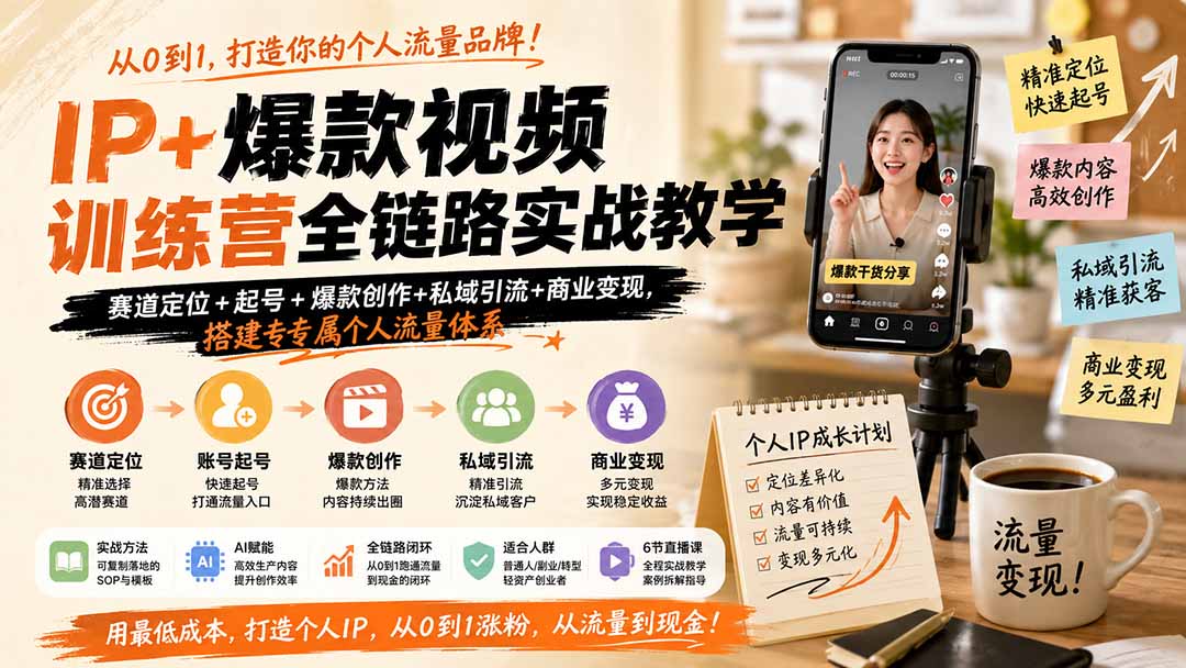 IP+爆款视频训练营全链路实战教学;赛道定位+起号+爆款创作+私域引流+商业变现,搭建专属个人流量体系|副业联盟