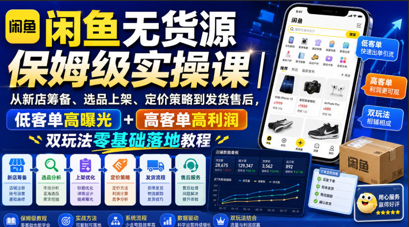 闲鱼无货源保姆级实操课｜从新店筹备、选品上架、定价策略到发货售后，低客单高曝光+高客单高利润双玩法零基础落地教程|副业联盟