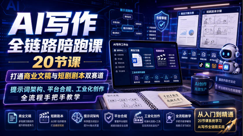 AI写作全链路陪跑课|20节课打通商业文稿与短剧剧本双赛道,提示词架构、平台合规、工业化创作全流程手把手教学|副业联盟