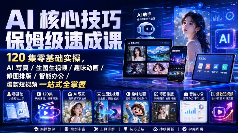 AI核心技巧保姆级速成课|120集零基础实操,AI写真/生图生视频/趣味动画/修图排版/智能办公/爆款短视频一站式全掌握|副业联盟